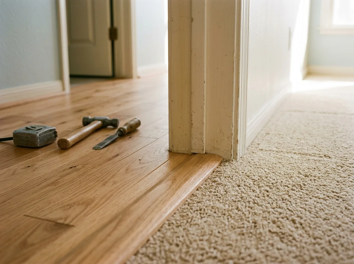 Doorway where a new oak floor meets a thicker carpeted hallway under a low wood threshold