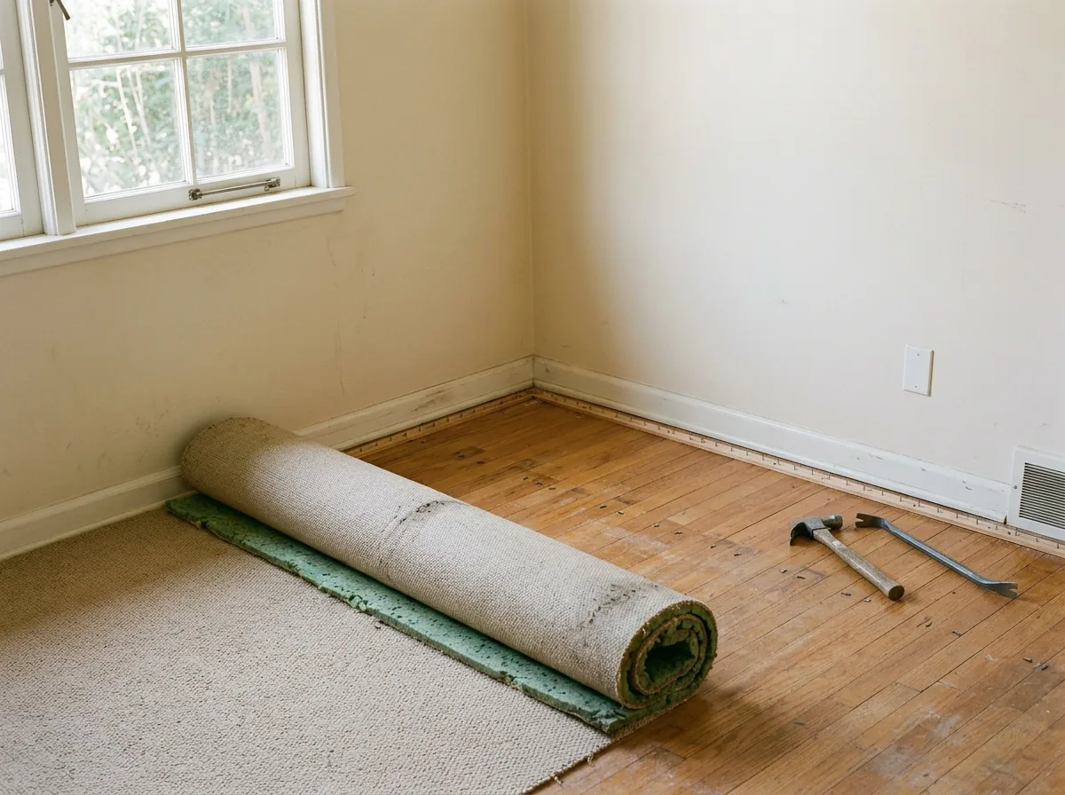 Carpet and pad rolled back from a bedroom corner, showing narrow oak strip flooring and a tack strip at the wall