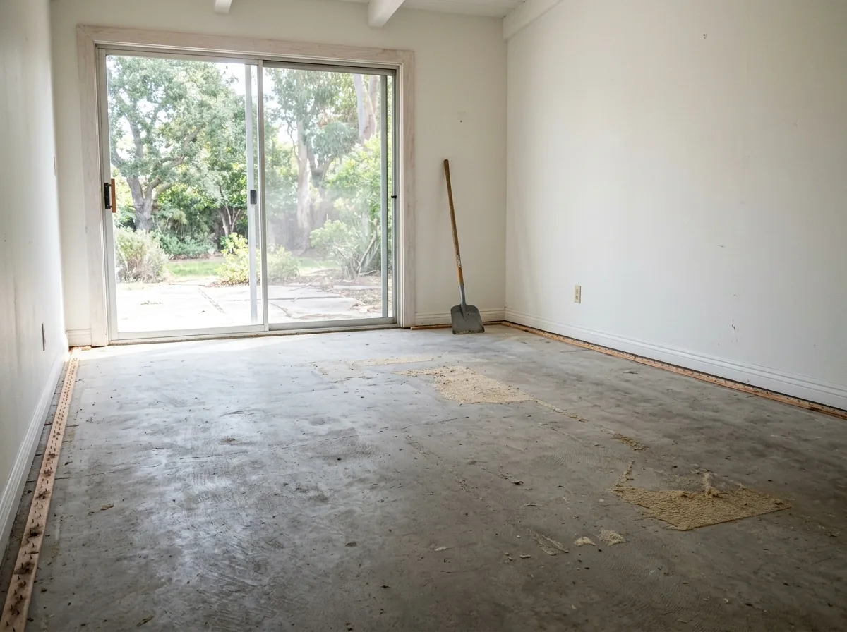 Bare concrete slab after carpet removal, with a line of tack strip still along the baseboard