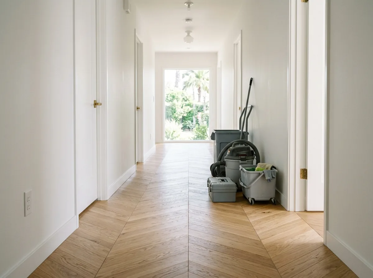 Oak chevron floor with angle-cut slats meeting in clean points along the length of a hallway