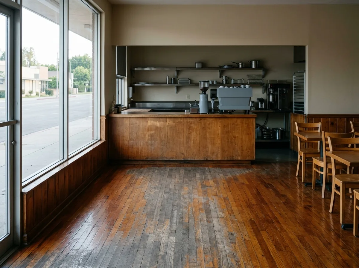 Oak floor in front of a cafe counter with a worn gray lane where customers queue