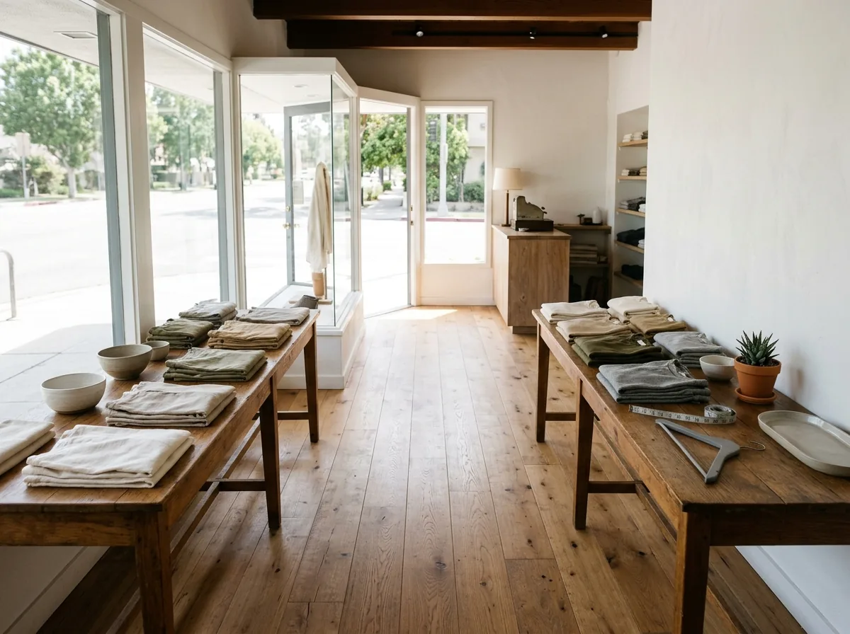 Satin oak floor in a small clothing shop between wooden display tables