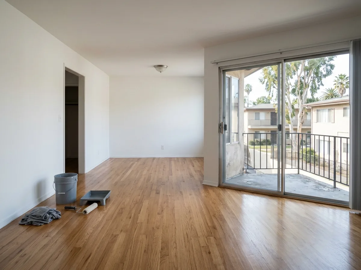 Empty apartment living room with a freshly recoated oak floor and bare walls