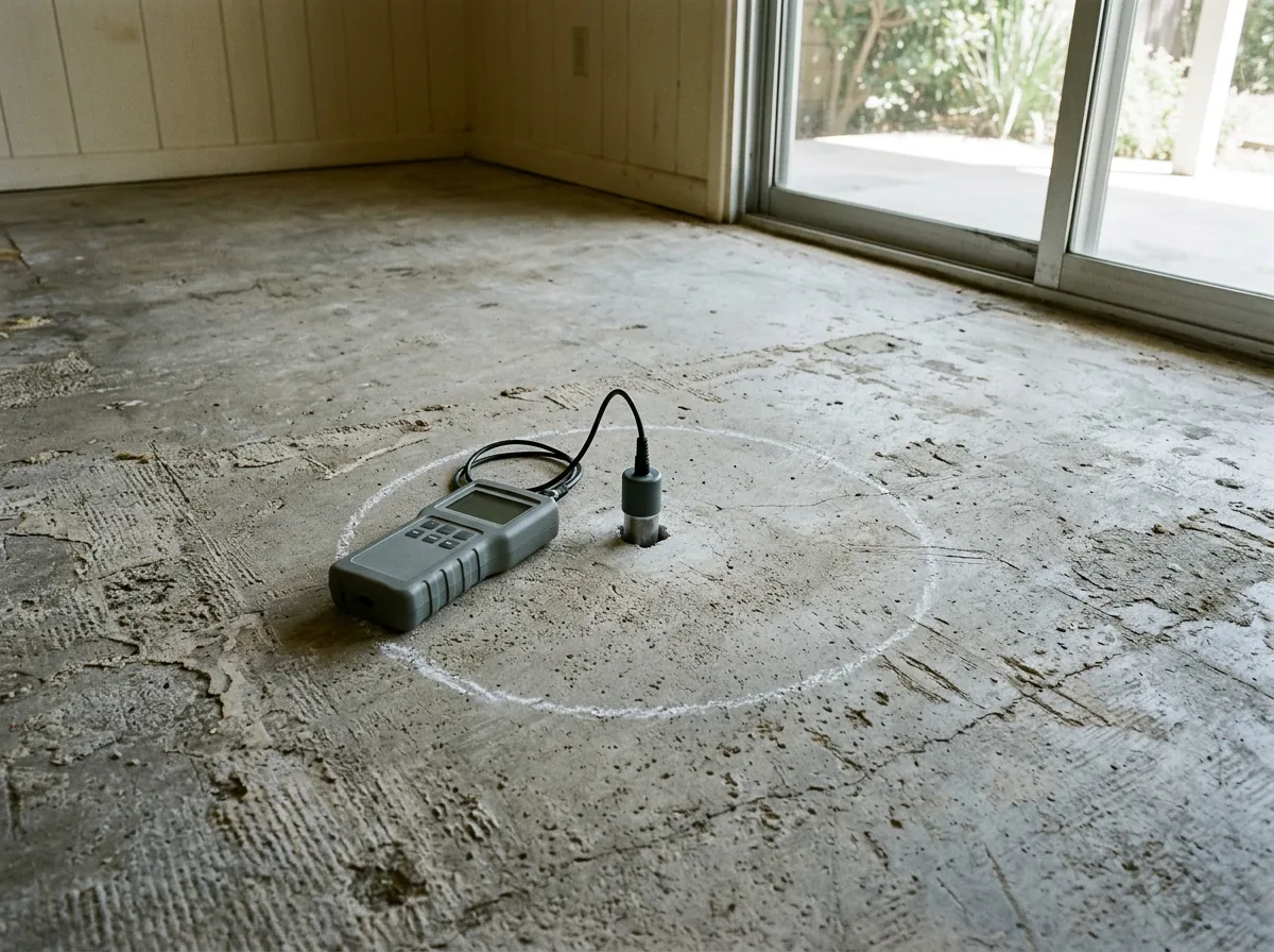 Relative humidity probe set in a drilled hole in a bare concrete floor with a reader beside it
