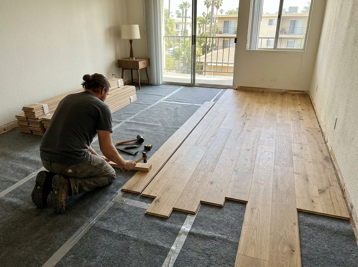 Engineered oak planks being laid over a gray acoustic underlayment in a condo living room