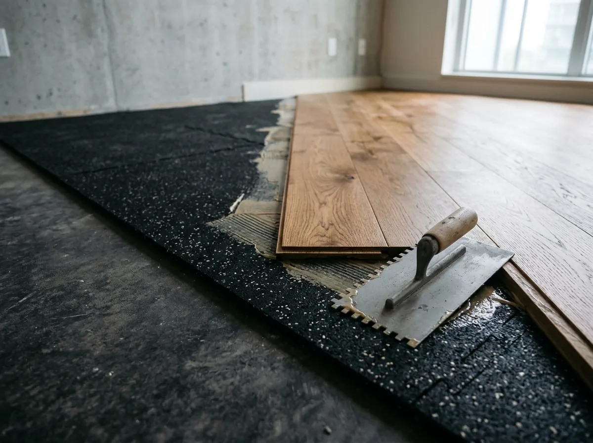 Rubber sound mat glued to a concrete floor with a few engineered planks bonded on top