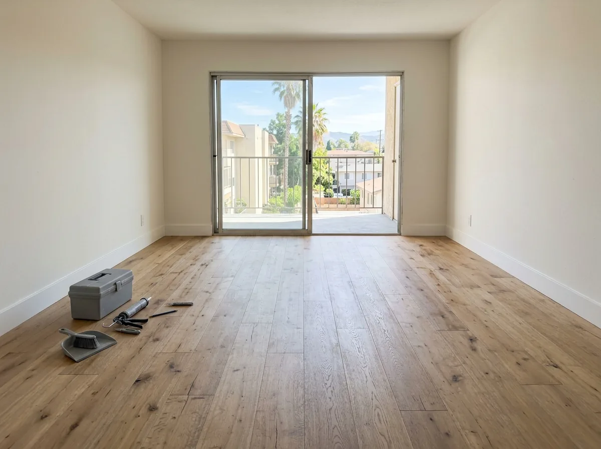 Finished engineered oak floor in an upper-floor condo with a gap hidden under the baseboard