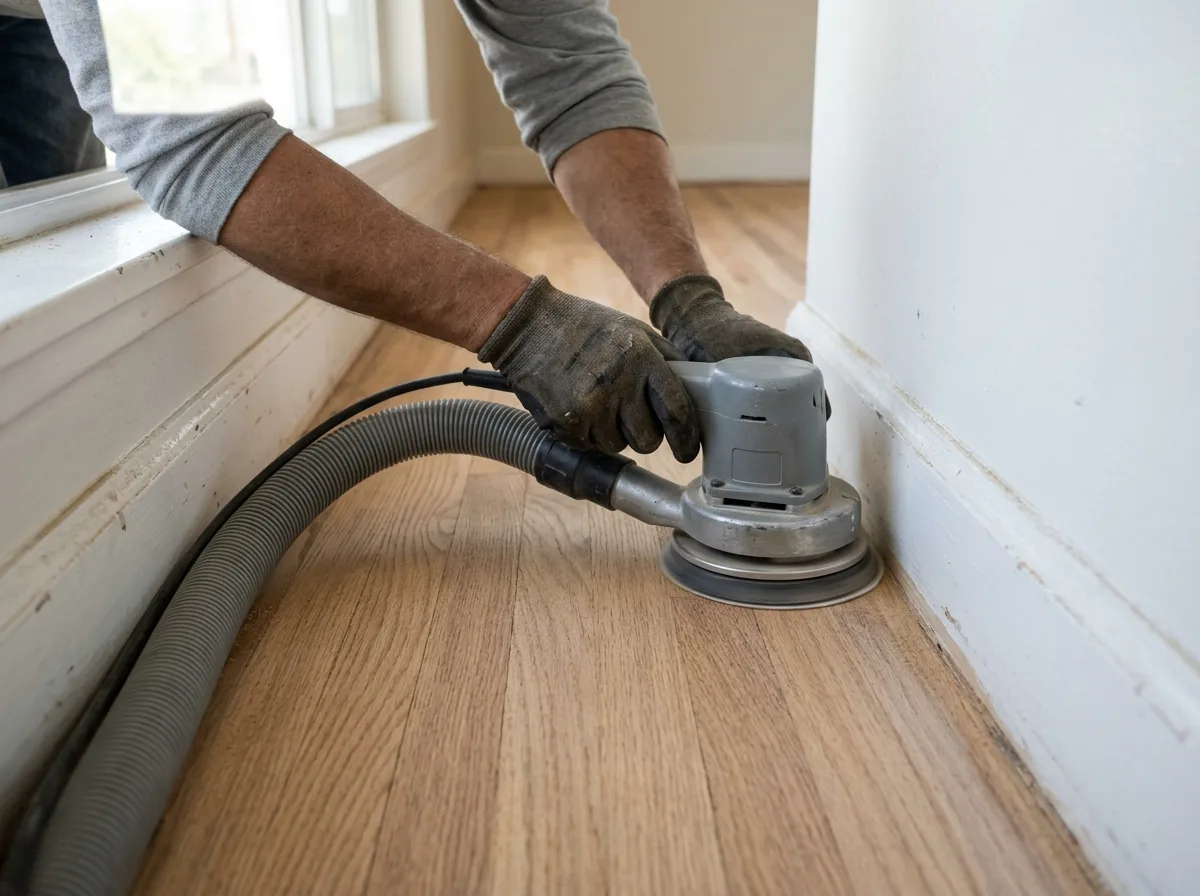 Edging sander with a vacuum hose working along a baseboard on bare oak strip flooring