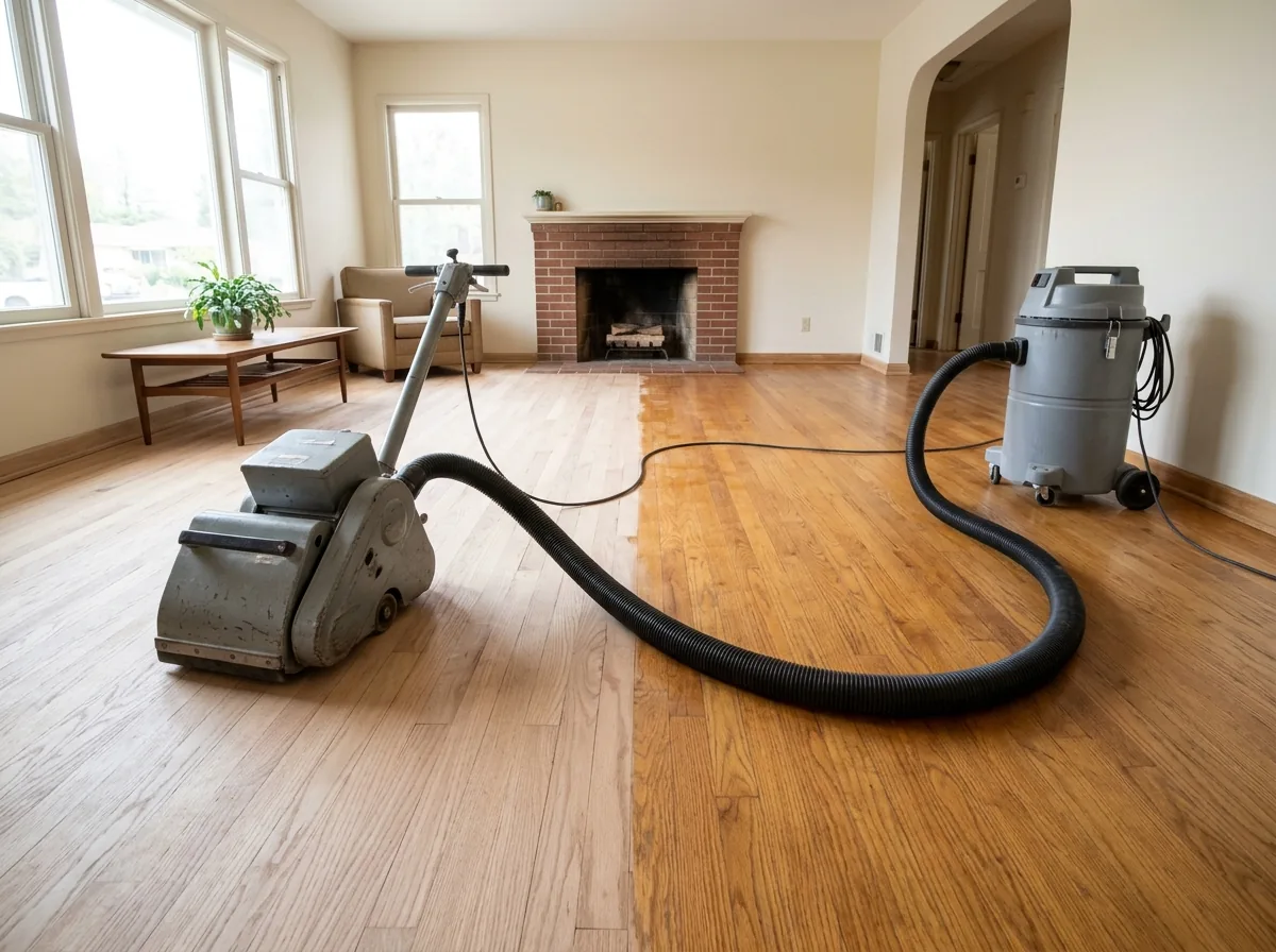 Floor sander connected by a sealed hose to a dust extractor on a half-sanded oak floor