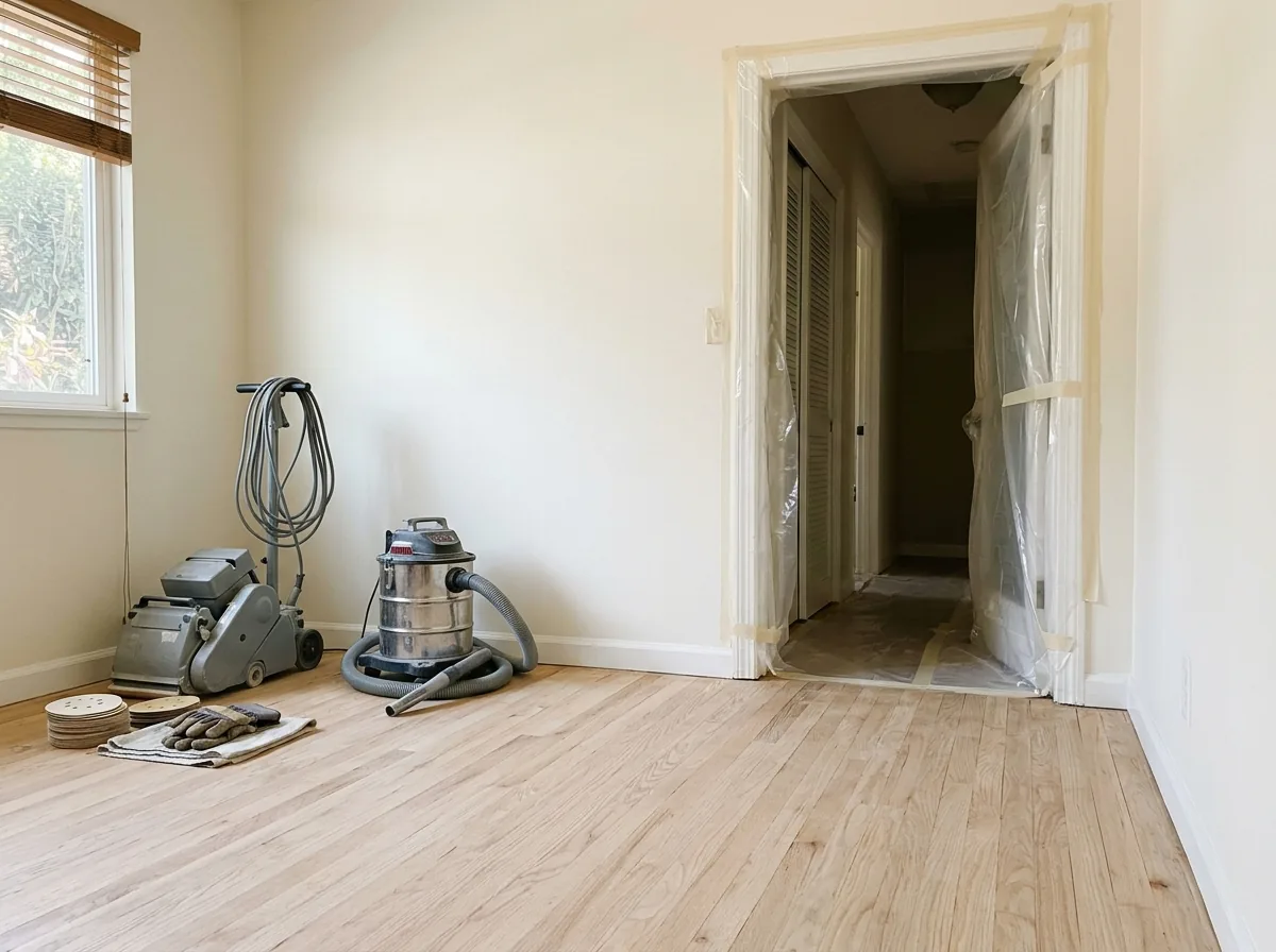 Hallway doorway closed with plastic sheeting beside a freshly sanded oak floor