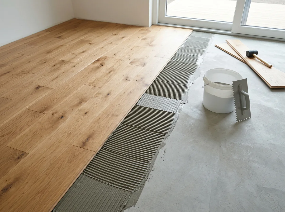 Engineered oak planks being glued down onto a concrete slab, with a notched trowel and a bucket of flooring adhesive