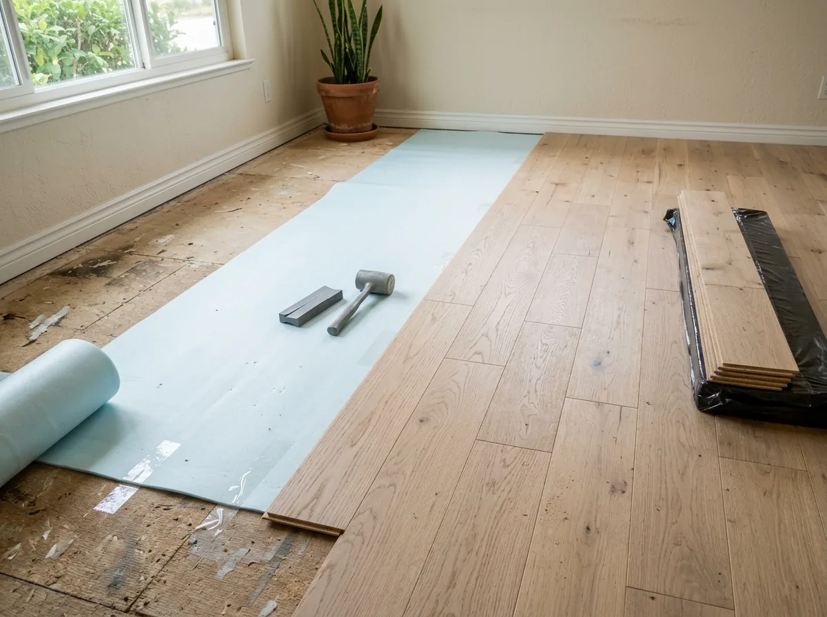 Click-lock engineered planks laid over a thin foam underlayment roll