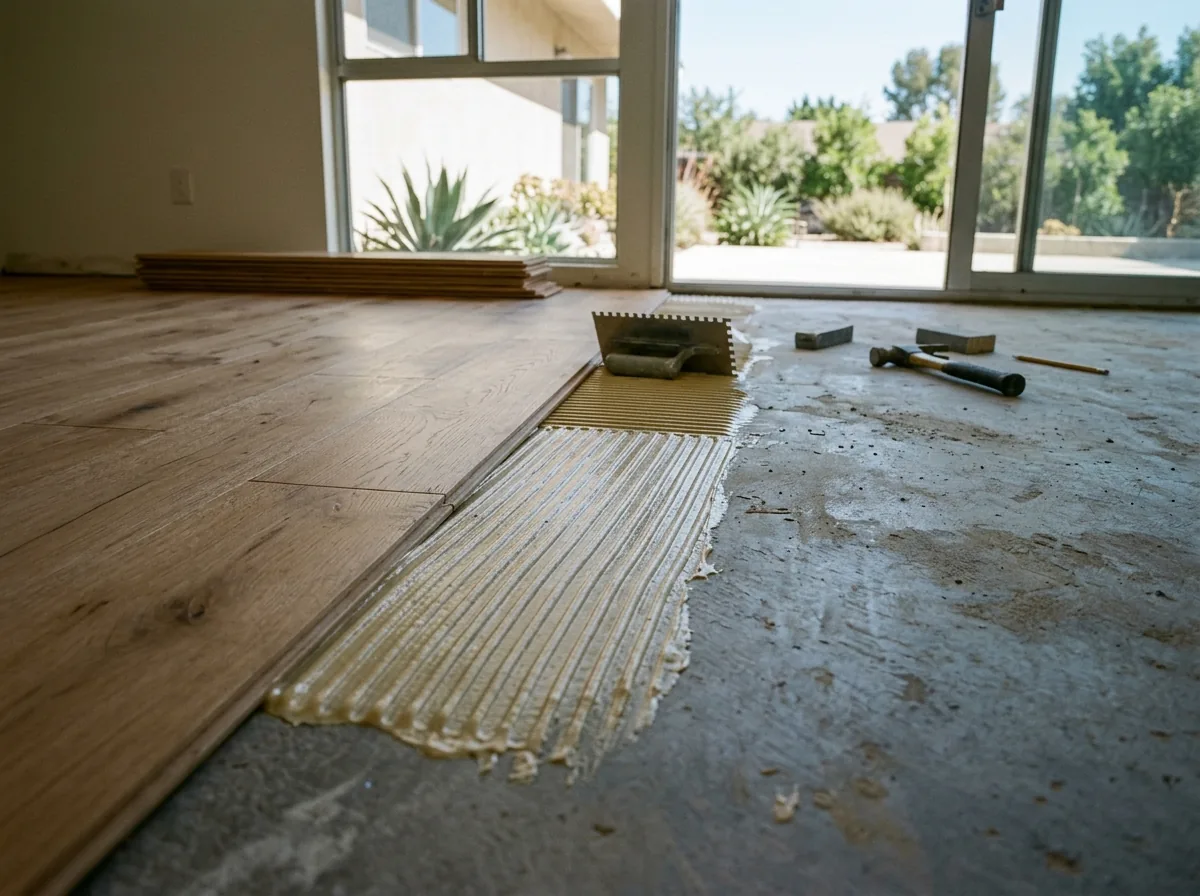 Engineered oak planks being set into trowel-ridged adhesive on a gray concrete floor