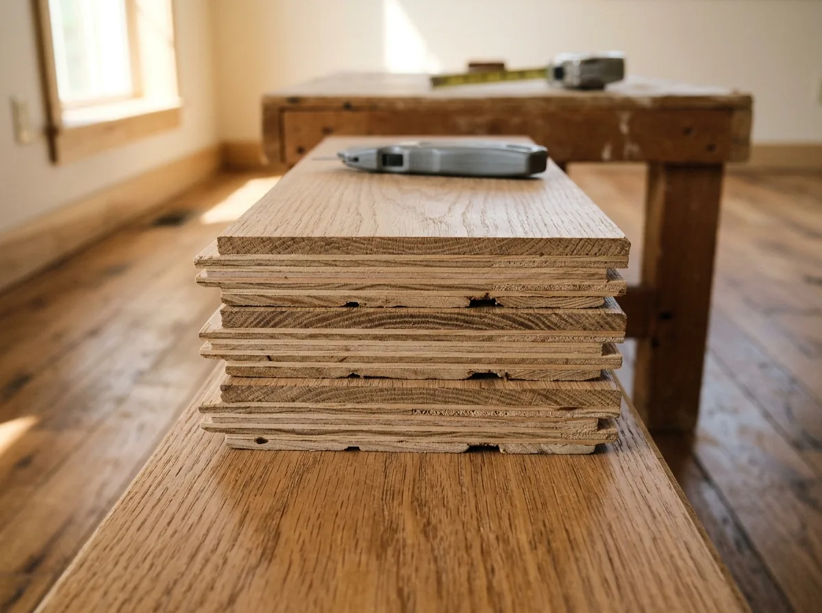 End view of engineered hardwood planks showing the oak veneer over a layered plywood core