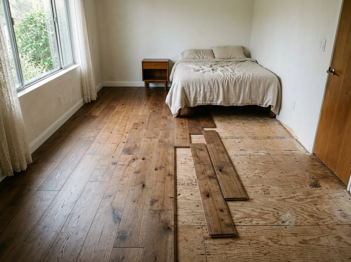 Rows of engineered hardwood planks fastened over a plywood subfloor in a bedroom