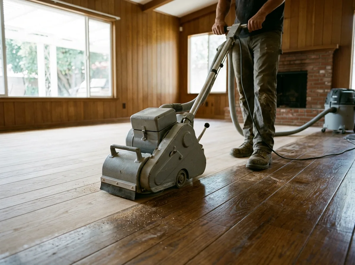 Multi-head floor sander on a wide engineered oak floor with the finish half removed