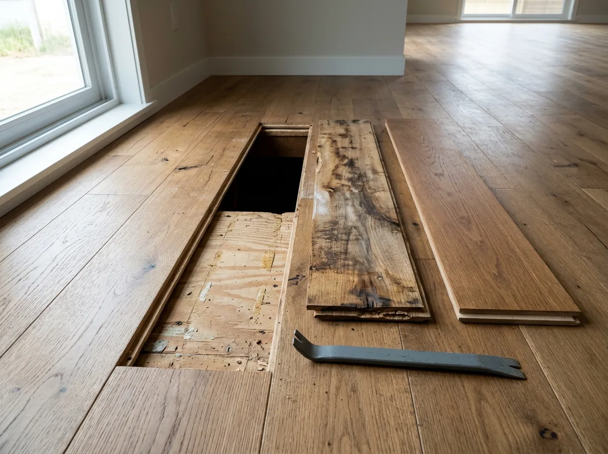 One engineered oak plank lifted out of a floor, ready for a replacement board