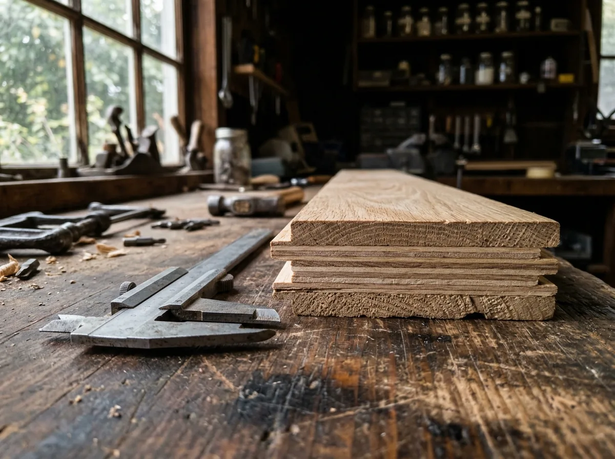 Cut end of an engineered oak plank showing the thin top wood layer over a plywood core