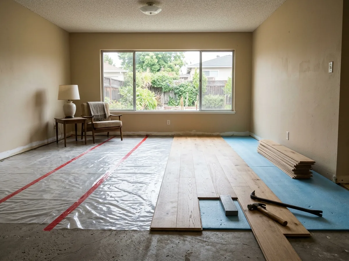 Engineered oak planks being floated over clear polyethylene sheeting on a concrete slab