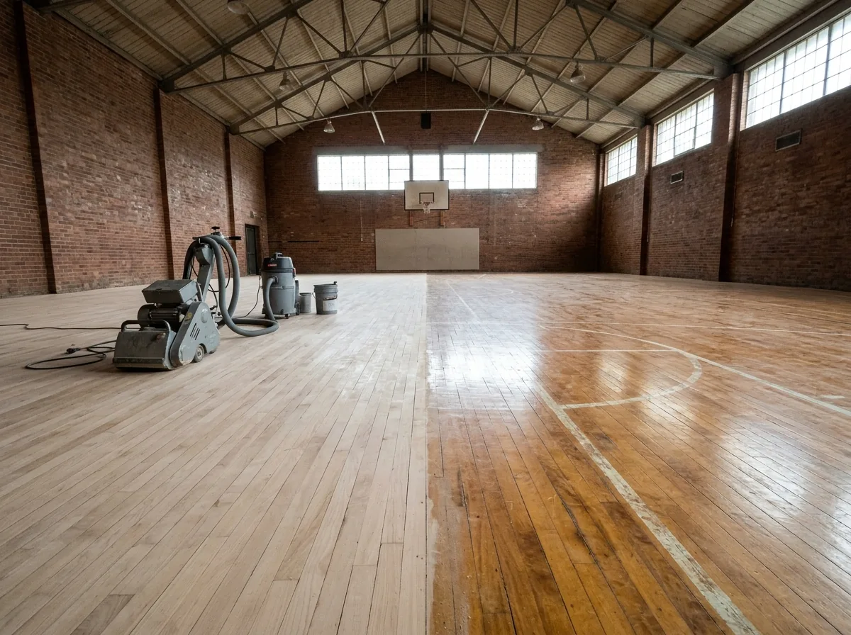 Maple gym floor half sanded to pale bare wood beside old amber finish and a painted court line
