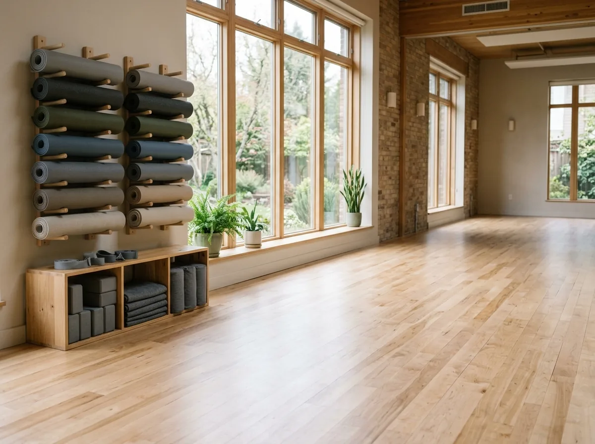 Yoga studio maple floor with rolled mats stored on a wall rack instead of the floor