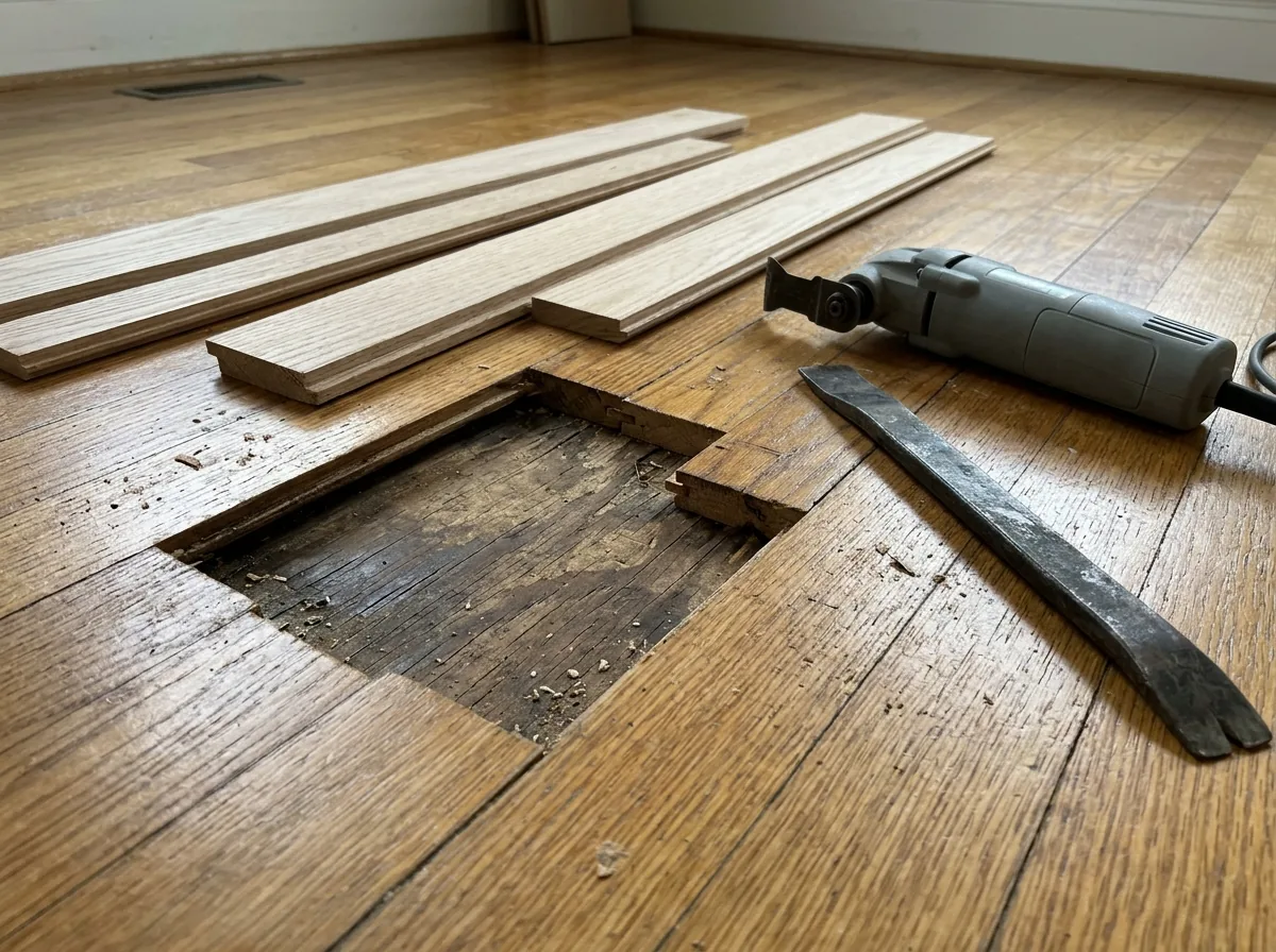 A few damaged oak boards cut out of a floor for replacement, with new boards ready beside the opening