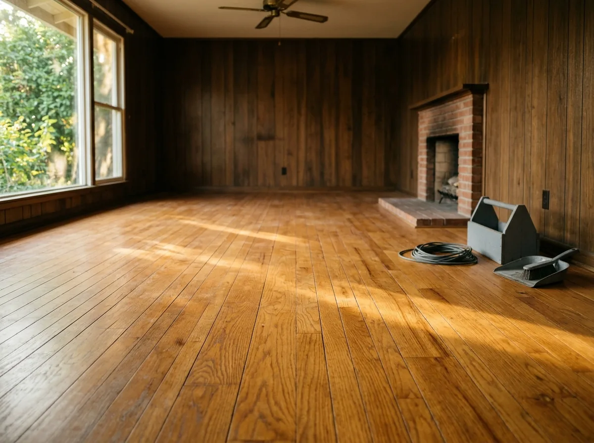 Oak strip floor with a warm amber oil-modified polyurethane finish