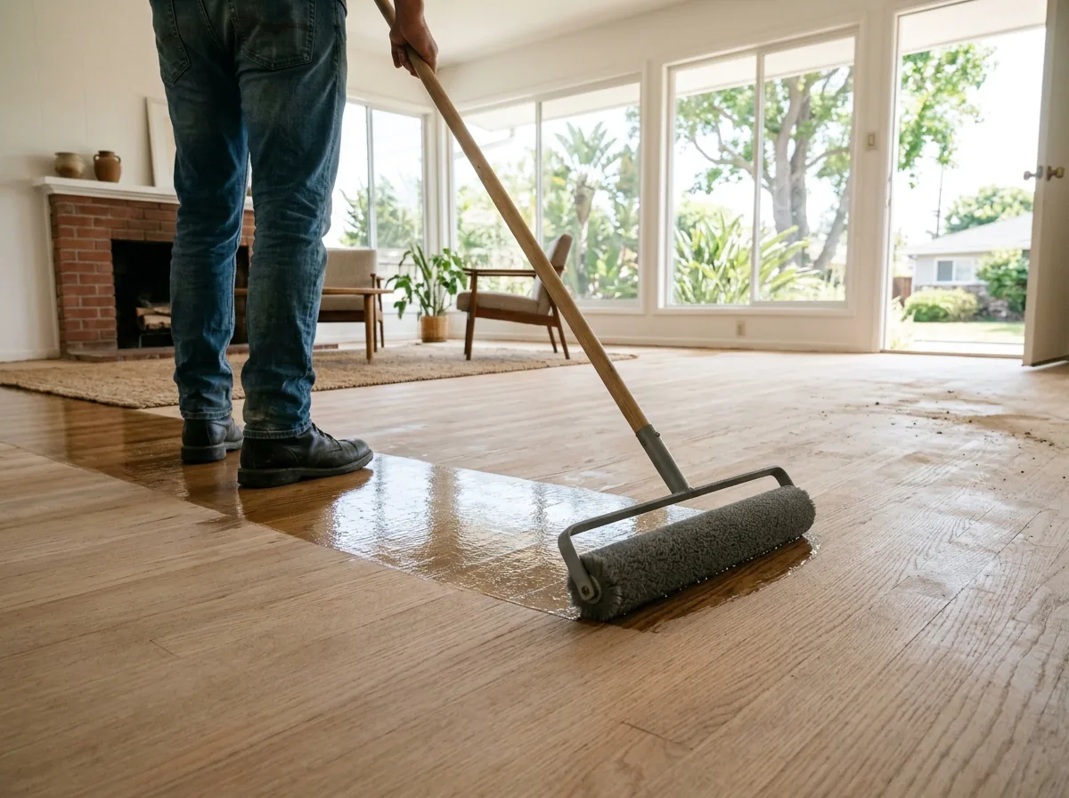 Clear waterborne finish being spread on bare oak with a flat applicator pad