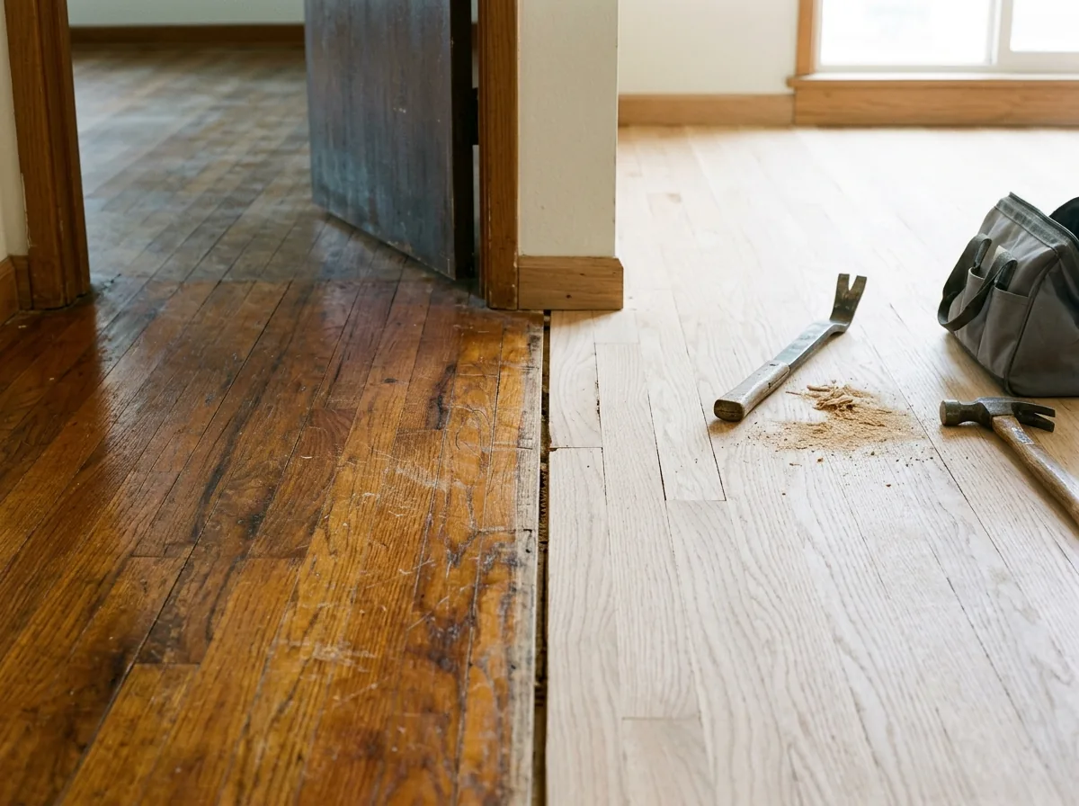 Doorway where new unfinished oak strip meets an older oak floor before sanding