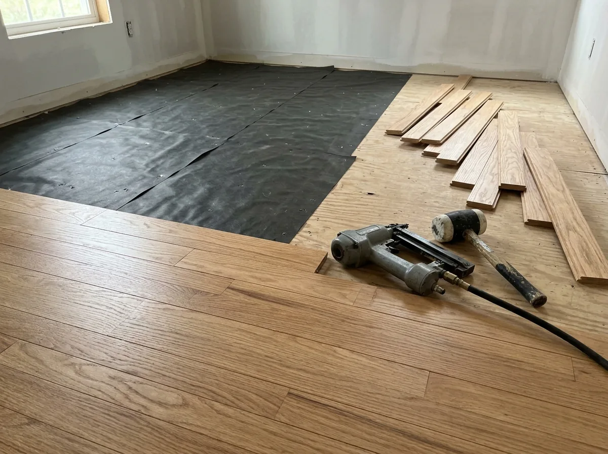 Rows of new red oak strip flooring being nailed down over a plywood subfloor, with a flooring nailer and mallet beside the last row