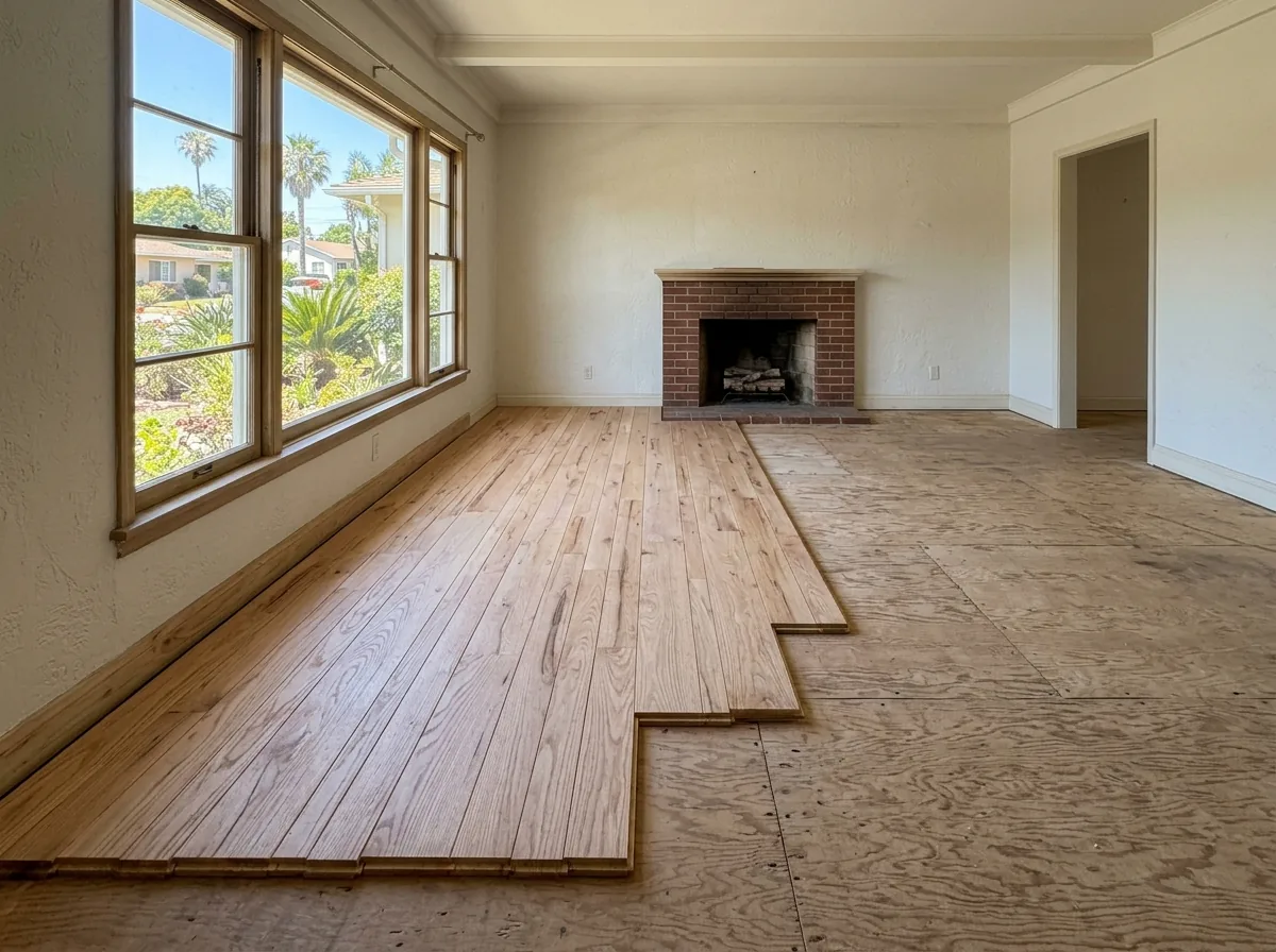 First rows of unfinished oak strip flooring laid across a plywood subfloor in an empty room