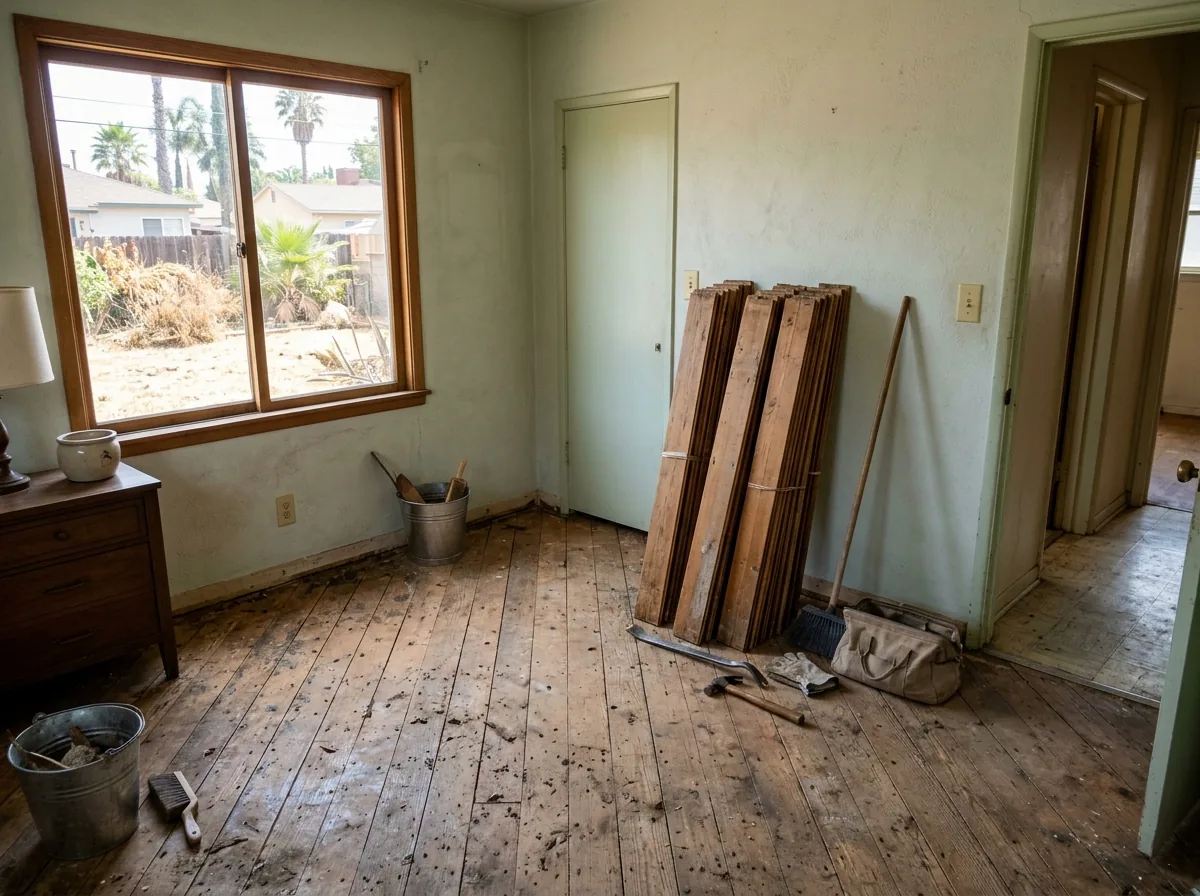 Bedroom with the old floor pulled up and the bare subfloor showing, old boards stacked by the door