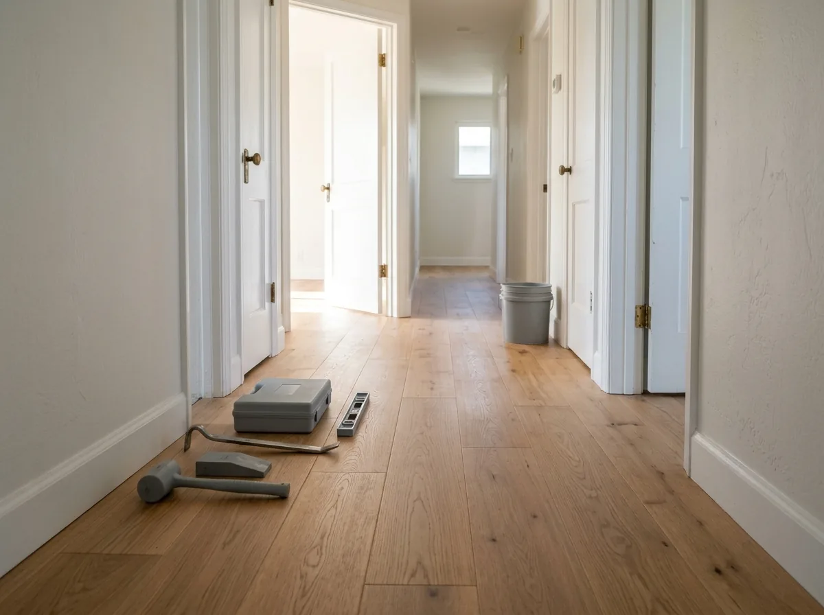 Prefinished oak planks with beveled edges running down a bright hallway