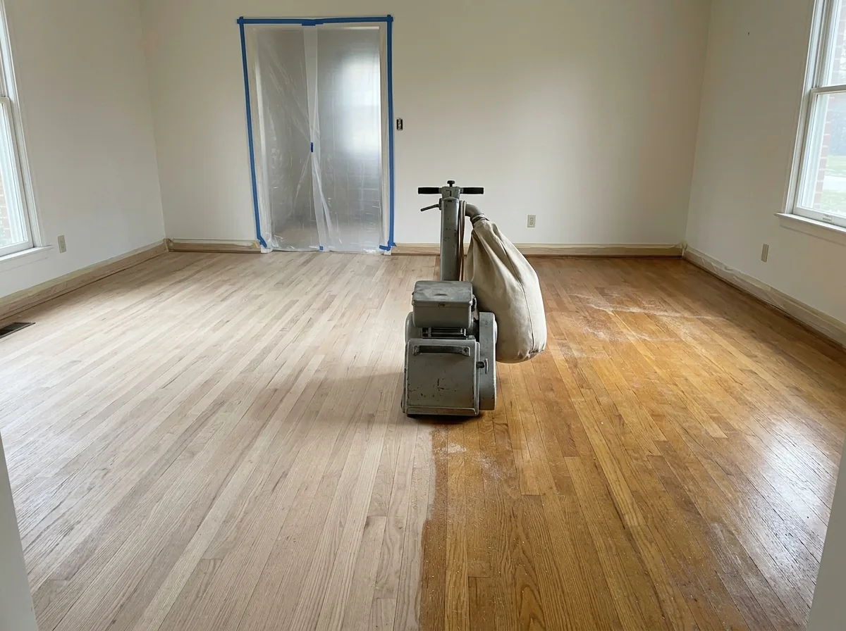 A hardwood floor halfway through sanding, with bare sanded oak beside the old darker finish and a floor sander in the room