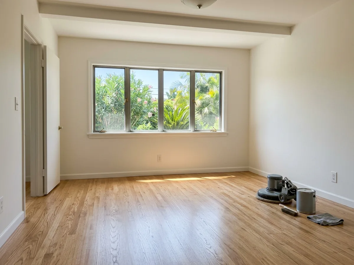 Empty bedroom with a newly refinished satin oak floor and bare walls before move-in