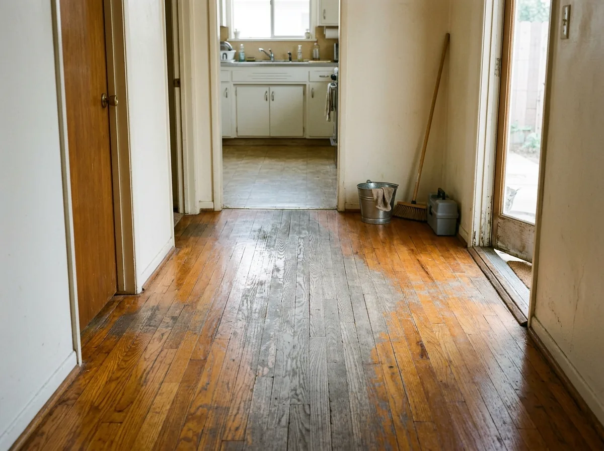 Worn gray path in an oak floor leading from a doorway into a kitchen