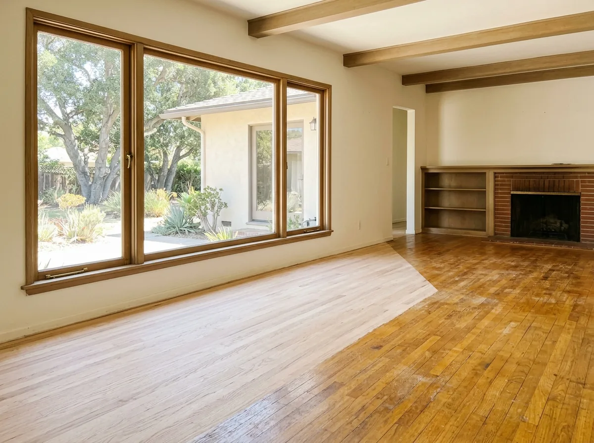 Oak floor half sanded to pale bare wood, the other half still under old amber finish