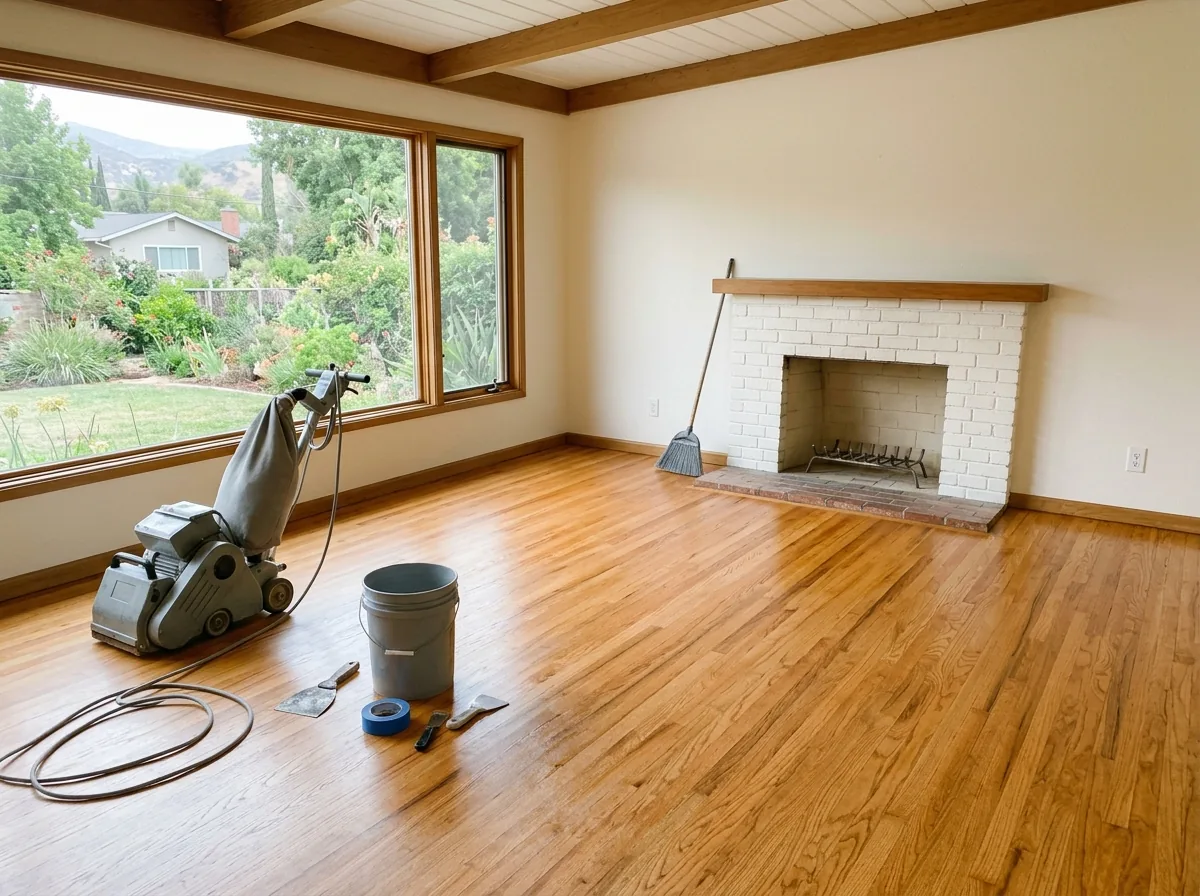 Freshly refinished narrow oak strip floor in a mid-century living room with a brick fireplace