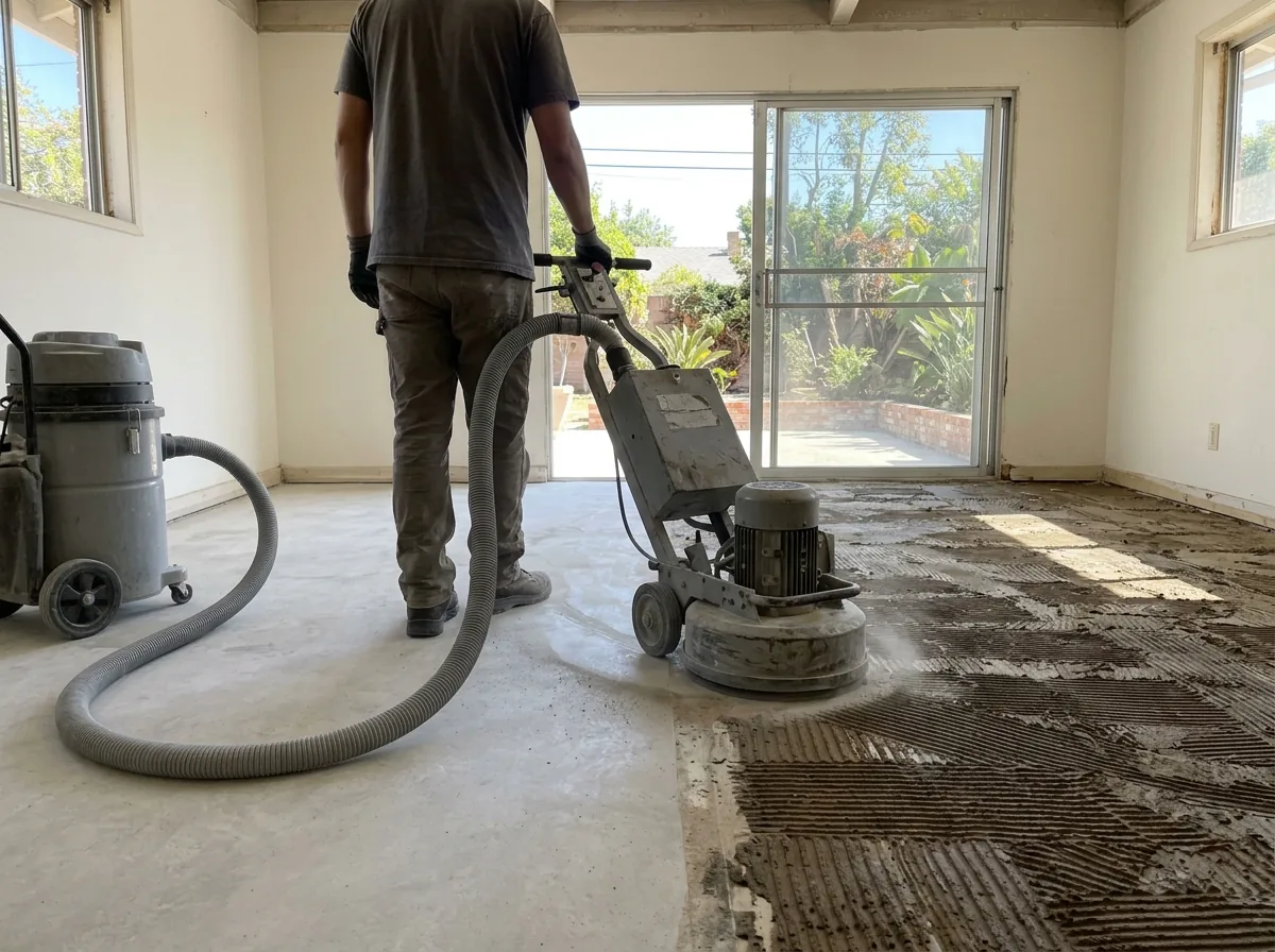 Floor grinder with a vacuum hose removing old adhesive ridges from a concrete slab