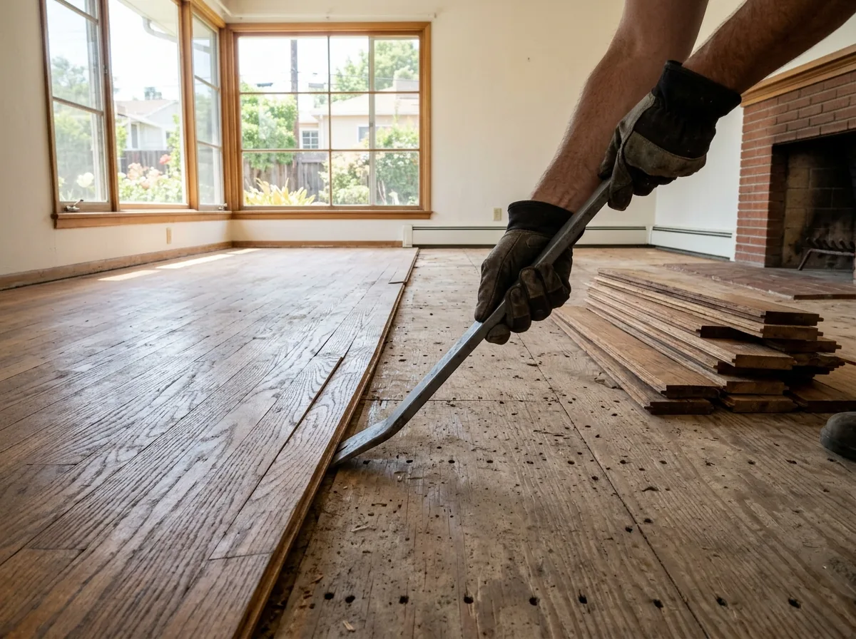 Oak strip boards being pried up with a pry bar, exposing the subfloor and nail holes