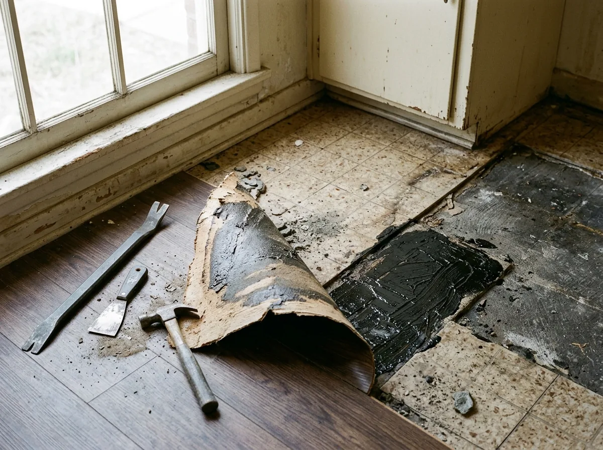 Old square vinyl floor tiles over black adhesive revealed under a lifted floor