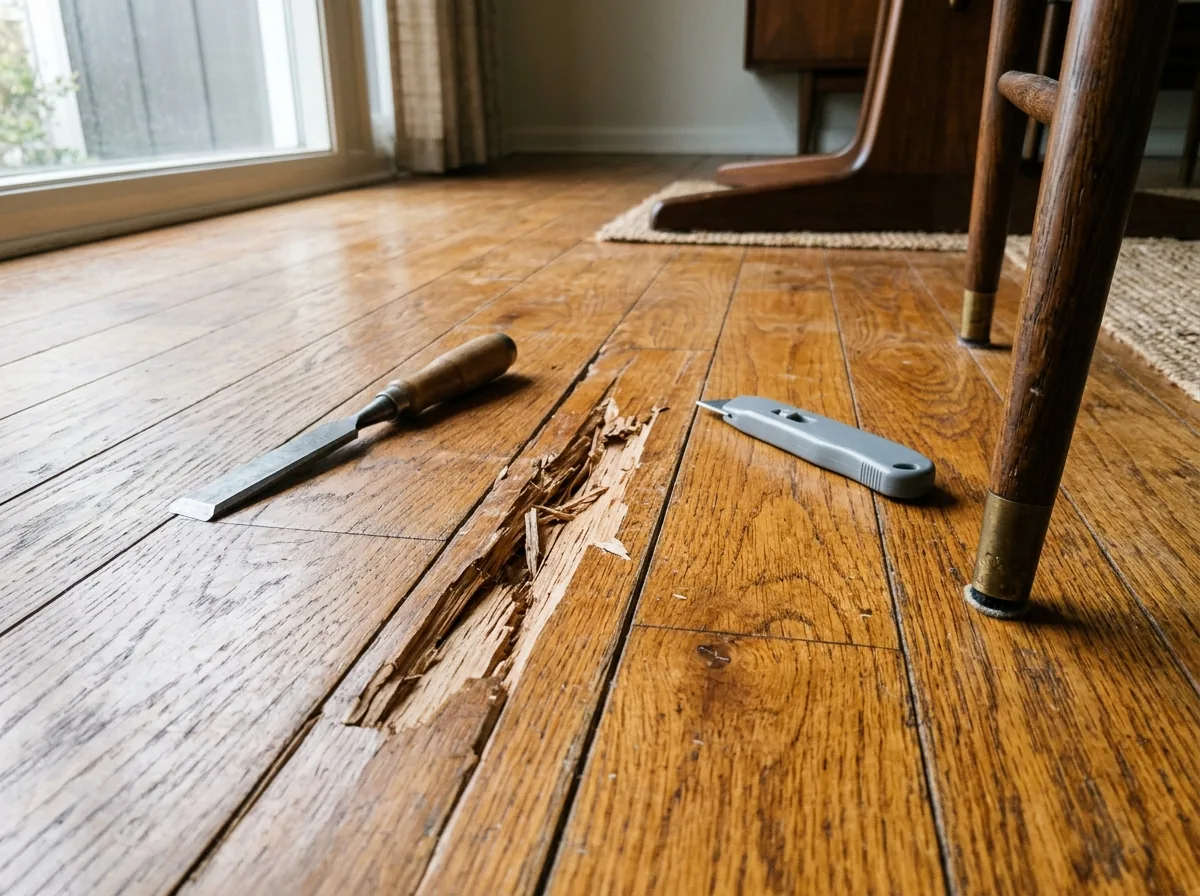 Deep gouge across two oak floorboards near a dining chair leg