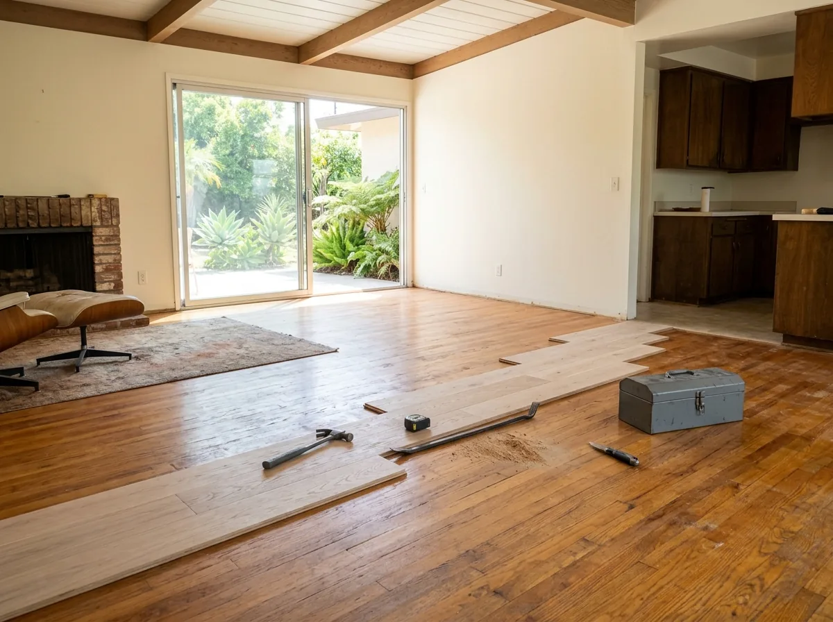 Staggered new oak boards woven into an old floor where a wall once stood