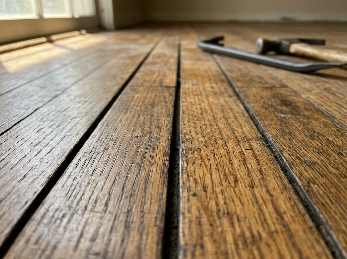 Close view of thin gaps between oak strip boards in a dry-season floor