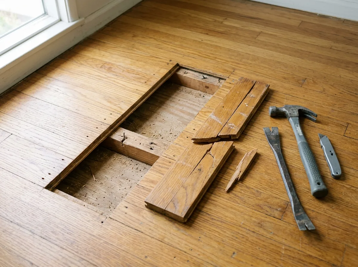 Oak floor with one damaged board cut out, leaving a clean board-shaped opening