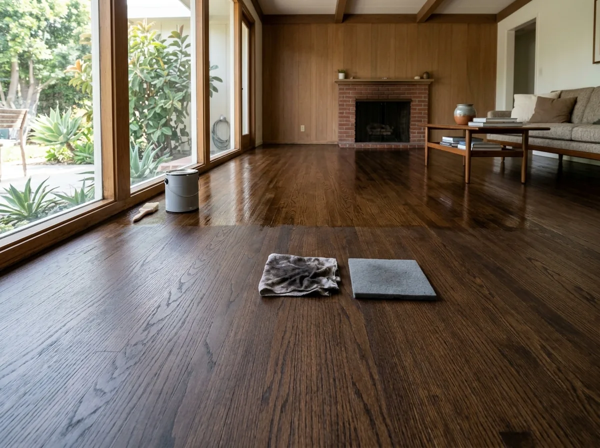 Oak strip floor freshly stained a deep walnut brown, half of it wiped and half still wet