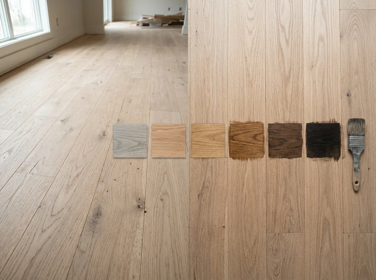 Row of stain sample squares brushed onto a sanded oak floor, light to dark
