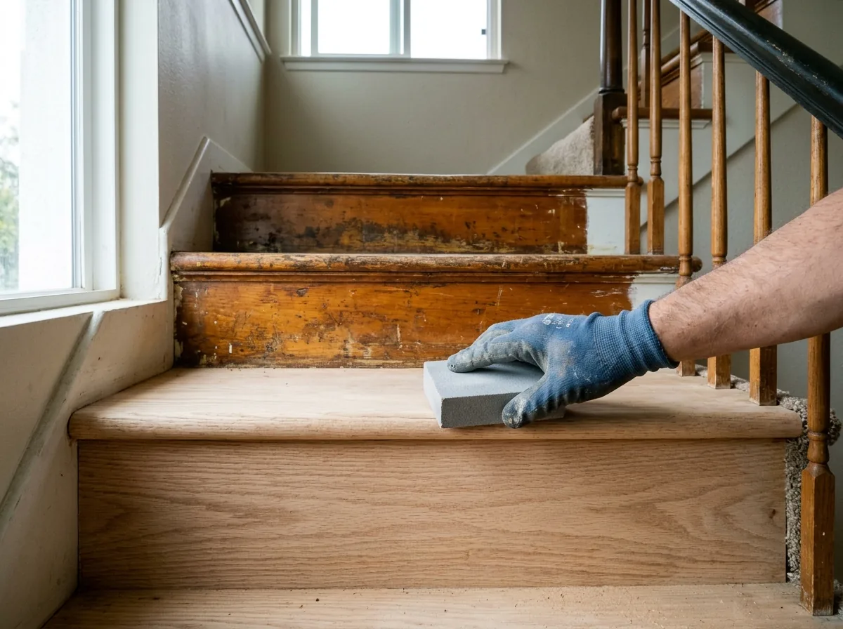 Hand sanding block working the rounded nosing of a bare oak stair tread