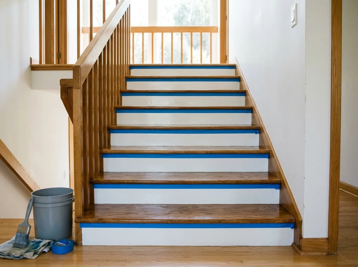 Freshly stained oak stair treads with painter's tape protecting the risers