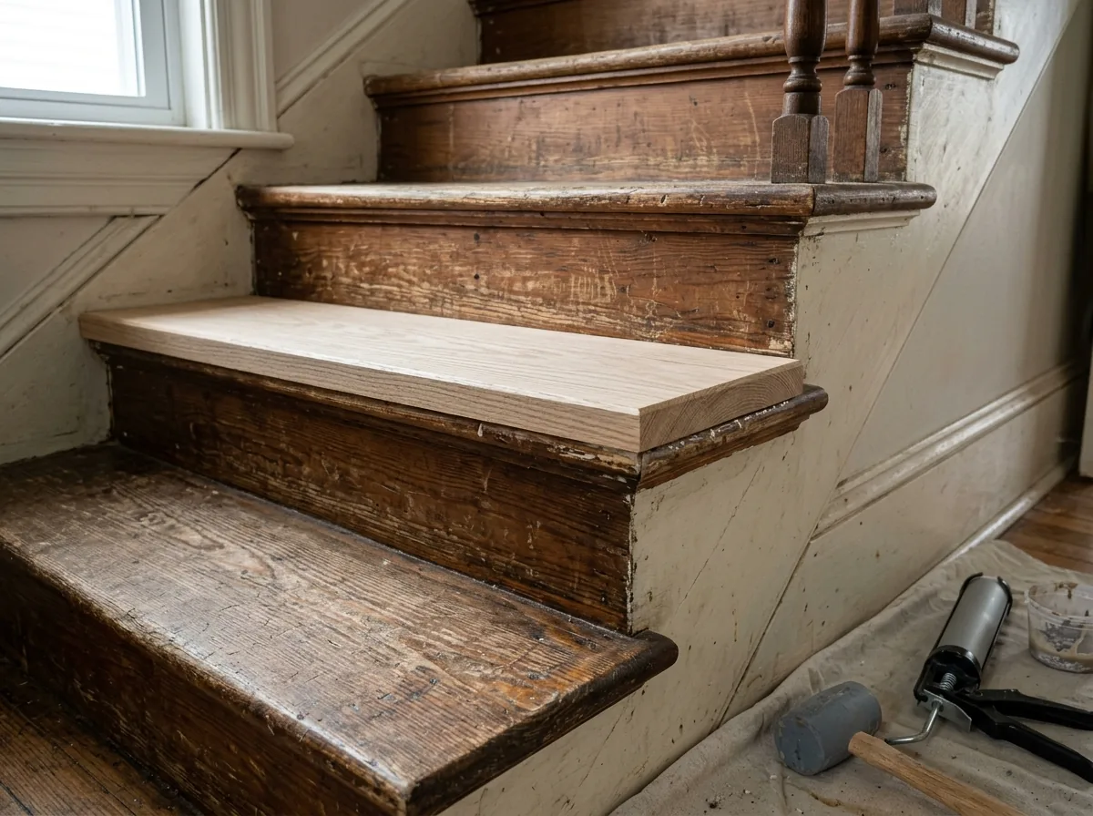 Close view of a new oak cap tread fitted over an existing stair step